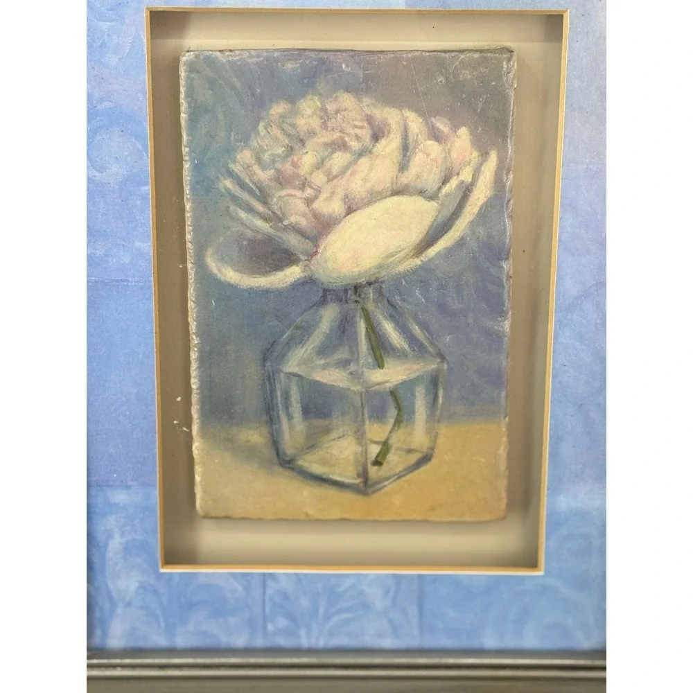 Floral Still Life Framed Tile Art Pink Flower in Glass Vase Silver Frame